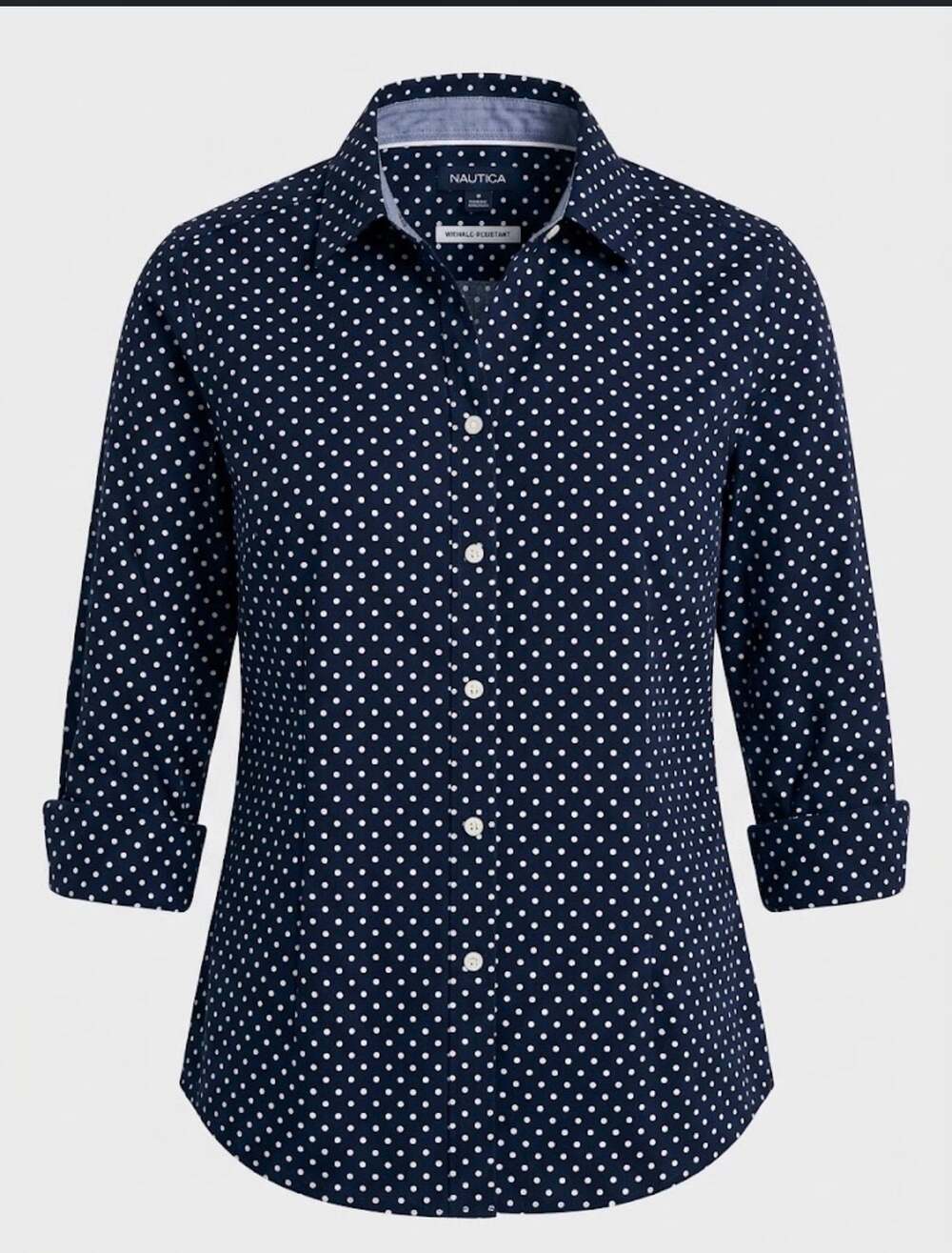 Nautica Women's Navy Blue Polka Dot Wrinkle Resistant Button Down Shirt Medium
